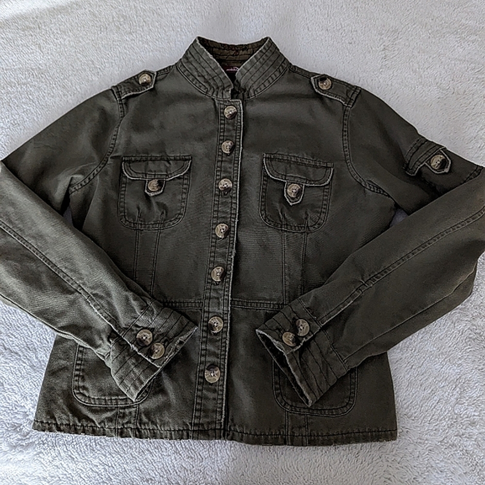 Vintage Jordache Distressed Army Green Button up Utility Moto Jacket Large - Picture 4 of 7
